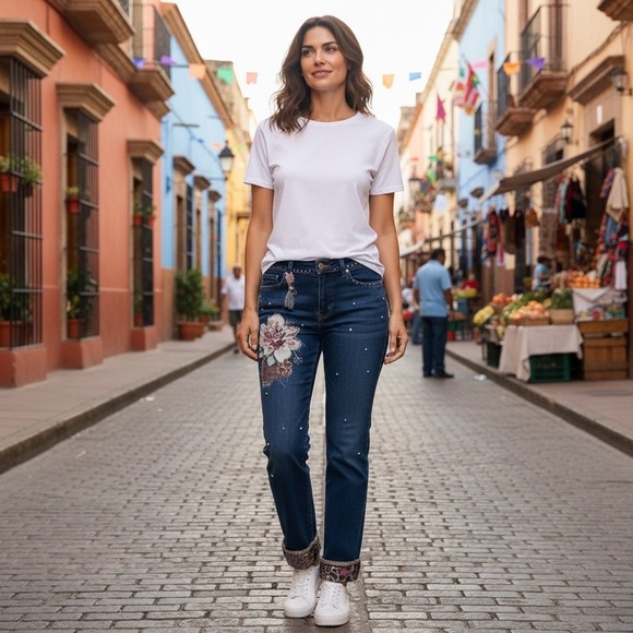 BOSS CHIC Denim - Boho Chic Embellished Denim Jeans Blue‎ Floral Rhinestone Tassel Cuff Women's